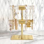 Gold & Acrylic 2-Tier Jewelry Stand, Cute Organizer with Shiny Bars